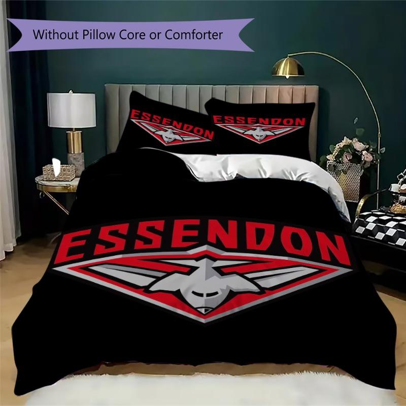 Essendon Football Club Red Black Diagonal Stripe Bomber Logo Bedding Set Aussie Rules Football Duvet Cover Set Sports Fan Bedroom Home Decor Bedding