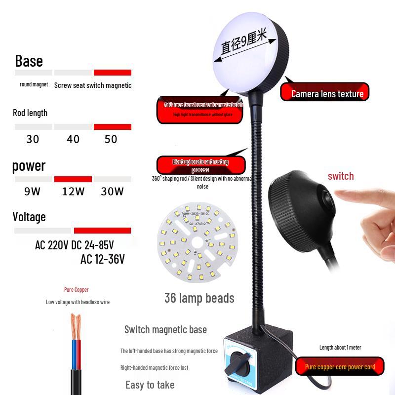 220V LED Work Light with Magnetic Base for Lathe, Punch Press, Injection Molding, and 24V Equipment