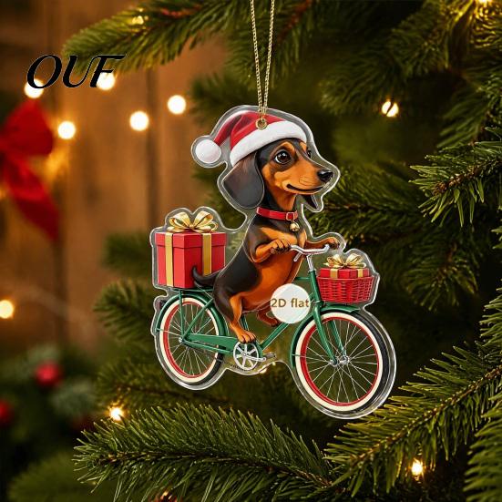 Small Dog Themed Christmas Decor Dachshund Ornaments, 2D Flat Acrylic Xmas Tree for Lovers Hanging Decoration Car Rearview Mirror, Holiday Home Party