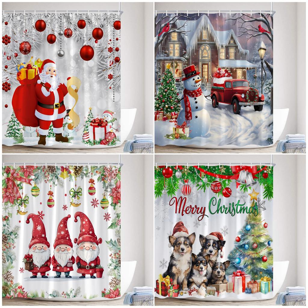 Christmas Shower Curtain Cute Snowman Santa Claus Xmas Tree Dog Winter Truck New Year Home Bathroom Curtains Decor With Hooks