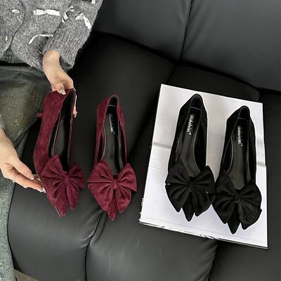 Туфли-лодочки на низком каблуке, осенняя новинка, нишевые, фиолетовый бант, женственность, низкий каблук, острый носок, высокие каблуки