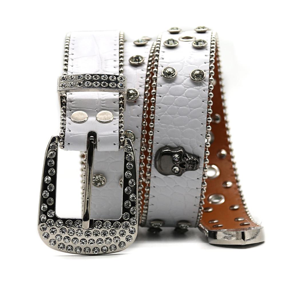 White PU Belt Inlaid With Full Diamond Skull Accessories Punk Fashion Trend Women's Loose Belt Diamond Belt