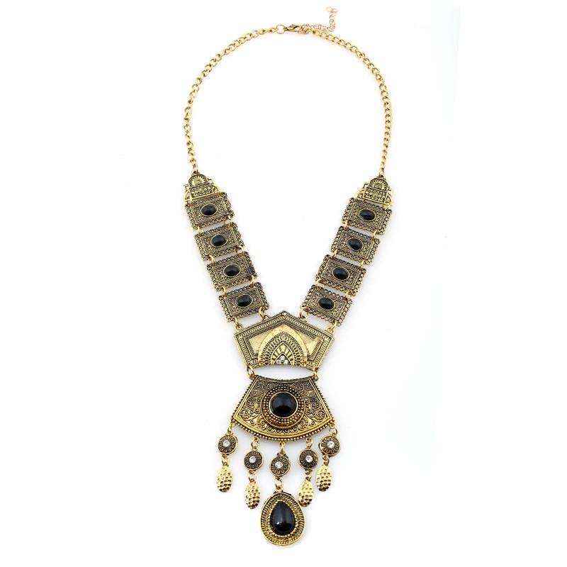 Ethnic Style Simulation Gemstone Decoration Women Metal Necklace Tassel With