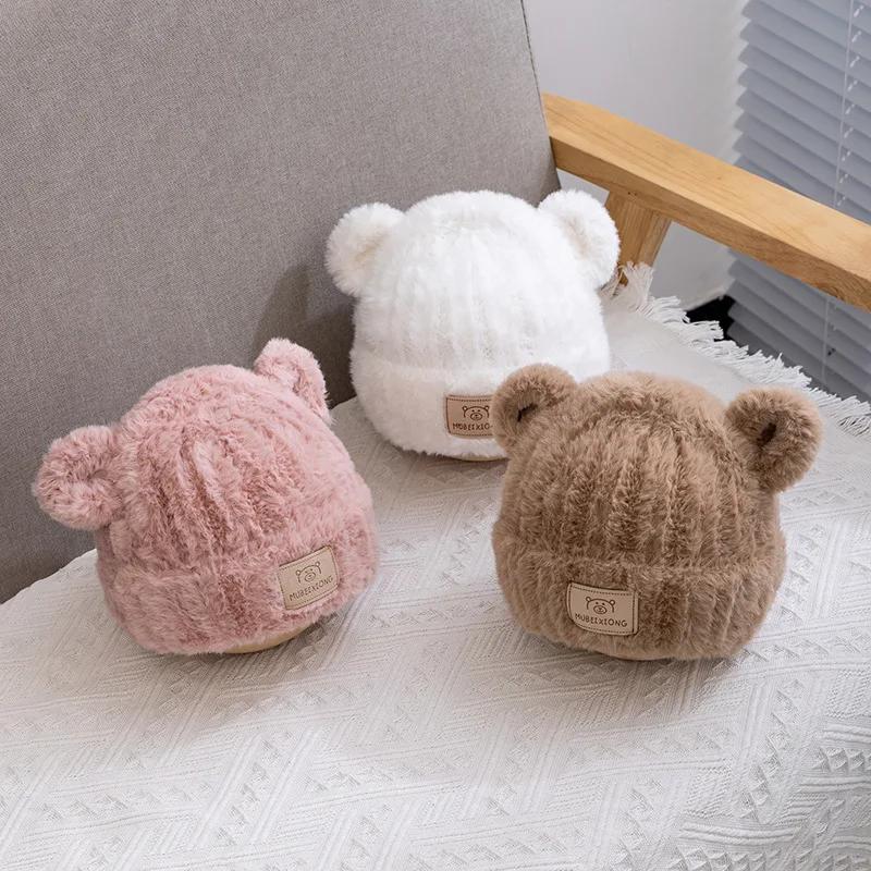 1 Piece Warm New Newborn Beanie for Boy Girl Cute Cartoon Bear Furry Knited Hat Sweet Autumn Winter Warm Plush Crochet Bonnet