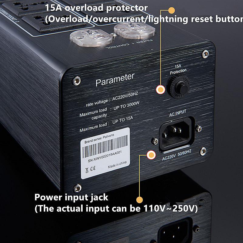 3000 Вт 15A Аудио Фильтр переменного тока Розетка питания Светодиодный цифровой дисплей Аудио Шумовой фильтр Защита от молнии P20