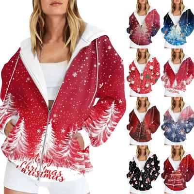 Женская мода повседневная рождественская принтовая толстовка осень-зима с длинным рукавом кардиган куртка с карманом на молнии толстовка с капюшоном куртка
