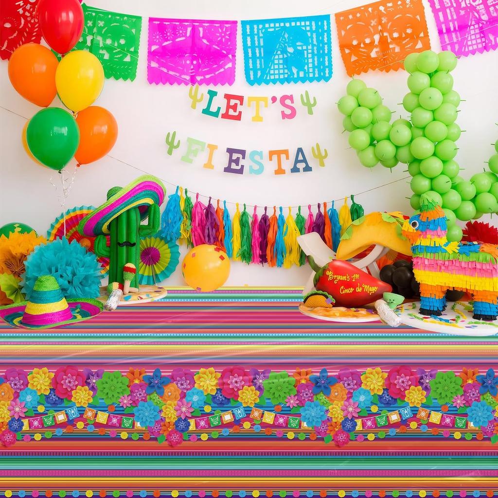 4 Pcs Mexican Fiesta Tablecloth Cinco De Mayo Plastic Table Cover Mexico Colorful Striped Paper Flower Table Cloth Mexican Holiday Theme Rectangle