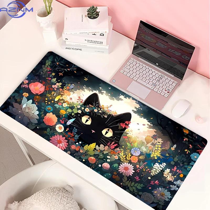 Clouds Black Cat Mouse Pad Pc Green Plants Flower Gaming Keyboard Rug Laptop Kawaii Anime Gamer Cabint Mousepad Xl Cute Desk Mat