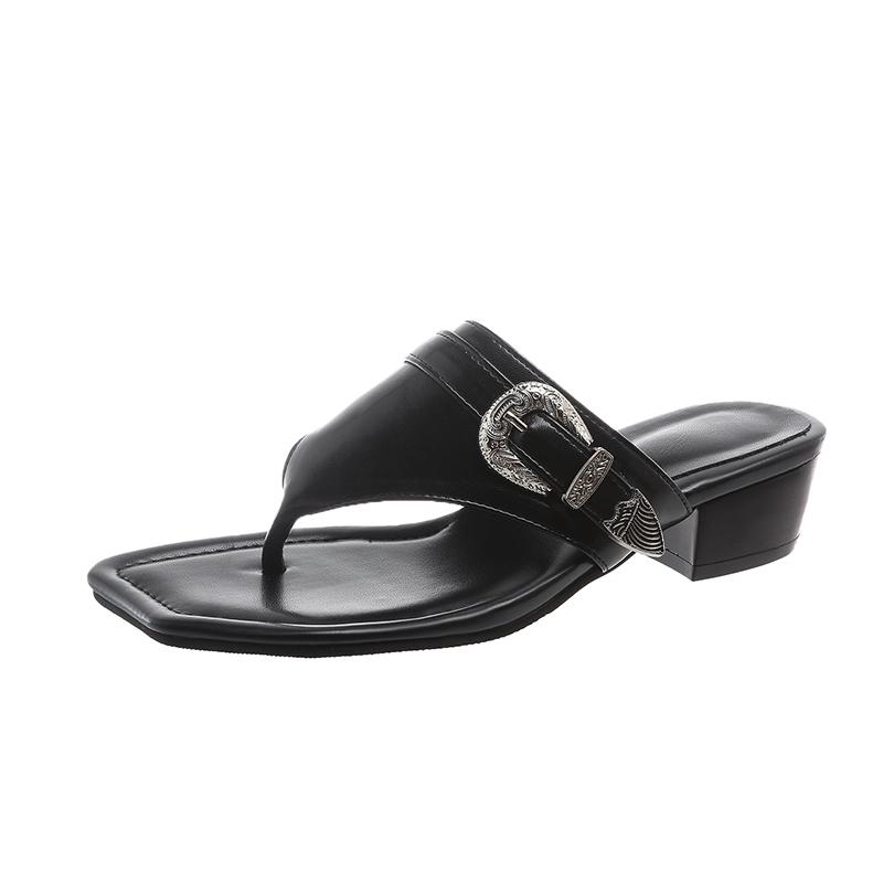 Fashion Fashion Square Flip-Flops Women's Fashion Square Toe Open Toe Clip Toe Metal Buckle Non-Slip Kitten Heel Shoes