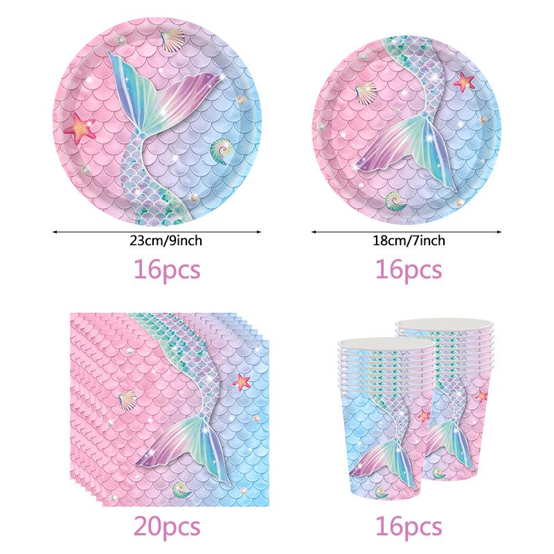 Mermaid Disposable Tableware Gradient Paper Plate Cup Napkin Girls Little Mermaid Birthday Party Decoration Supplies Baby Shower