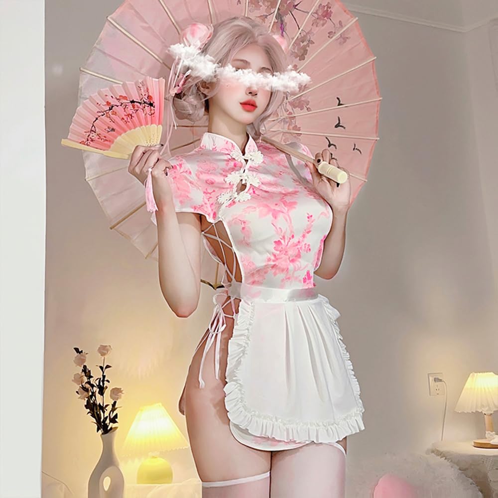 Униформа горничной ципао китайское платье костюм сексуальный косплей розовая мини-юбка косплей Хэллоуин цельный короткий рукав разрез экстремальное обнажение эротическое искушение