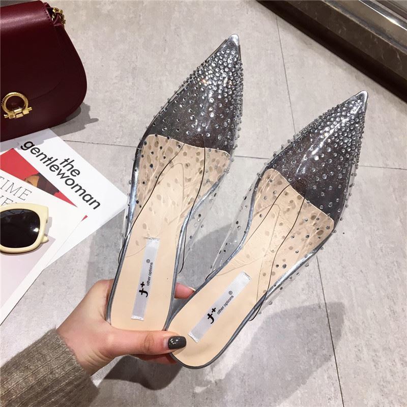 Прозрачные босоножки на каблуках, женские тапочки, мюли со стразами, женская обувь 2024 года, модная элегантная обувь на среднем каблуке, новинка лета 2024 года
