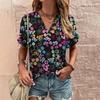 Retro Print Women's T Shirt Classic Floral Tees For Ladies Summer V-Neck Short Sleeve Tops Female Oversized Clothes Daily Blouse