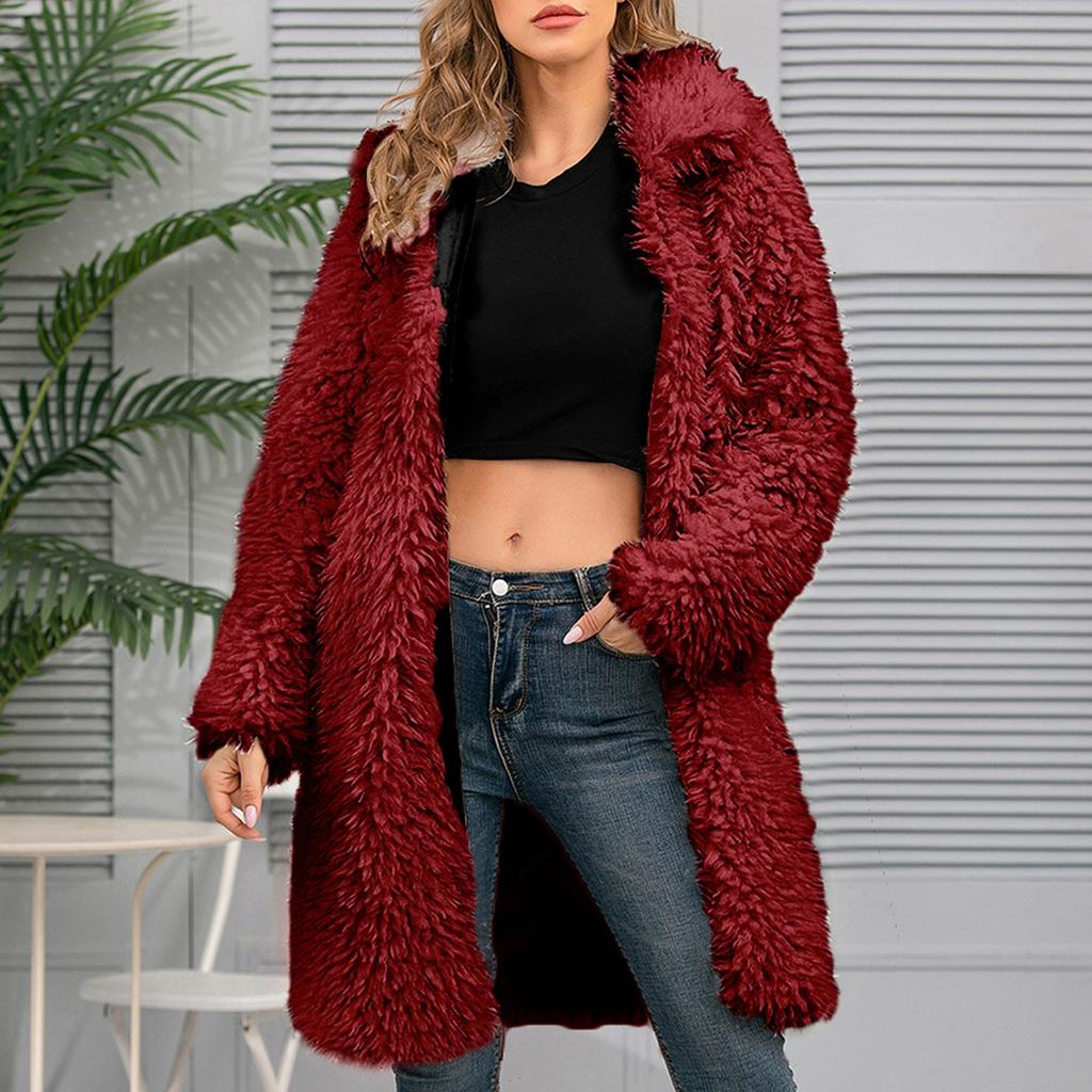 Женское однотонное искусственное пальто с лацканами, верх, женское плюшевое пальто средней длины