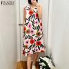 ZANZEA Женское повседневное летнее платье с V-образным вырезом без рукавов с принтом