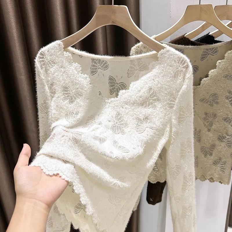 Женский топ с длинными рукавами из матового кружева для осени и зимы, новый, с V-образным вырезом, высококачественный, мягкий, восковой, приталенный, для ношения под одеждой