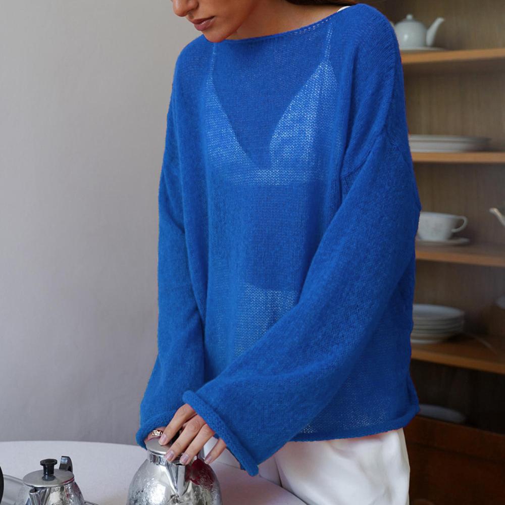 Ажурная трикотажная рубашка весна/лето женская перспектива тонкая большая круглая горловина рукав труба трикотажная футболка