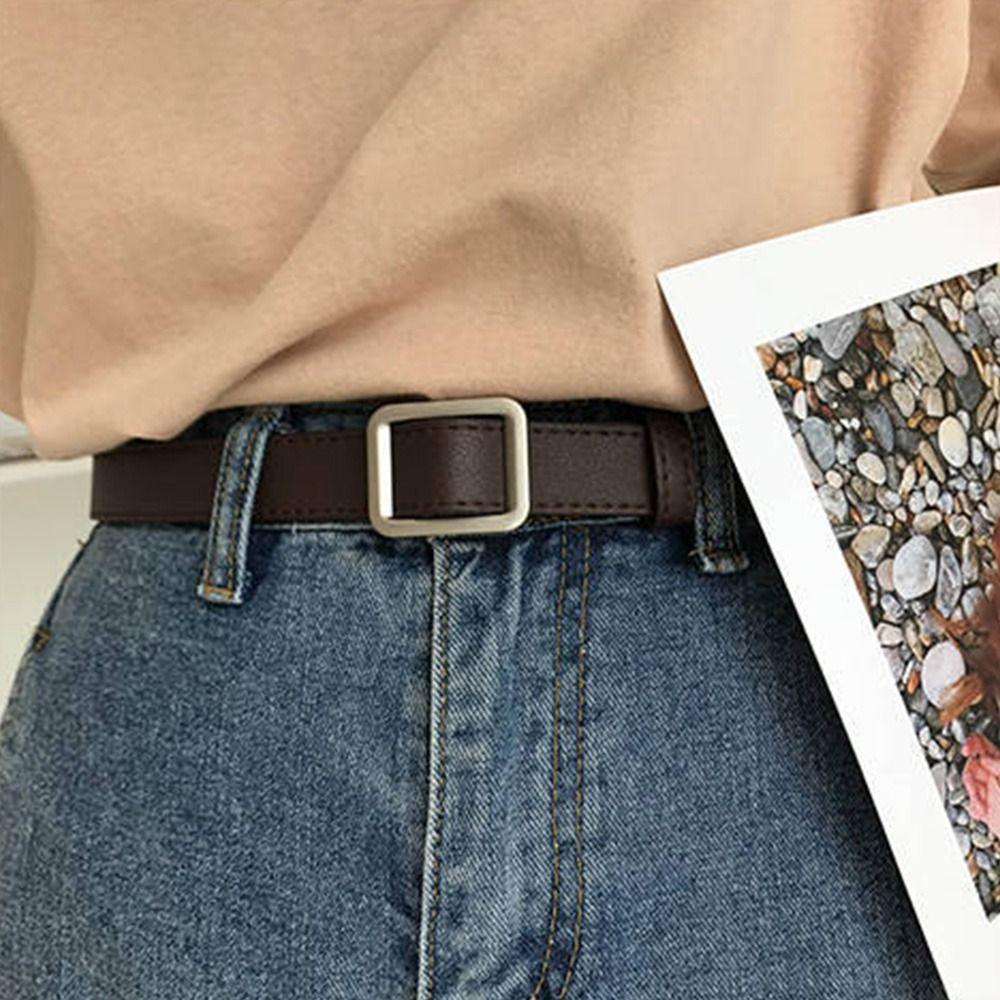 Women Casual Retro Leather Belt Non-Porous Buckle Waistband Trouser Dress Belts Thin Waist Strap