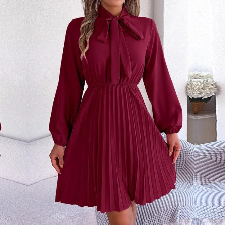 Элегантное осенне-зимнее женское платье на шнуровке с высокой талией, длинным рукавом и плиссировкой, однотонное
