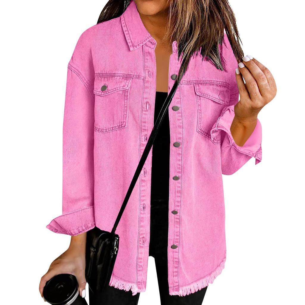 Women's Fashion Denim Shirt Jacket Milled Hem Button Casual Long Sleeve Jacket