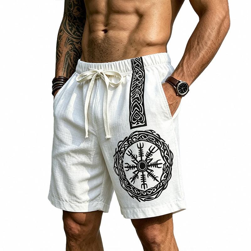 Men Nordic Viking Totem Print Drawstring Waist Casual Linen Blend Shorts