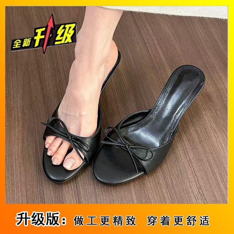 Fashion Stiletto High Heels, Gentle French Pink Bow, One-word Cool Slippers for Women's 2025 Summer New Models