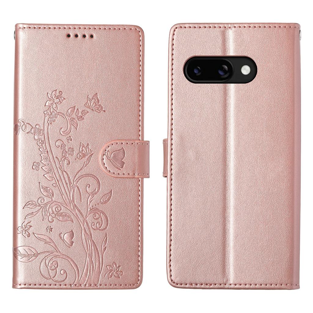 For Google Pixel 9a Wallet Case Butterfly Floral Imprint PU Leather Phone Cover with Wrist Strap