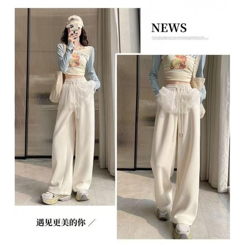 Womens Ballet Style Lace Wide Leg Pants High Waist Drawstring Straight Casual Sweatpants
