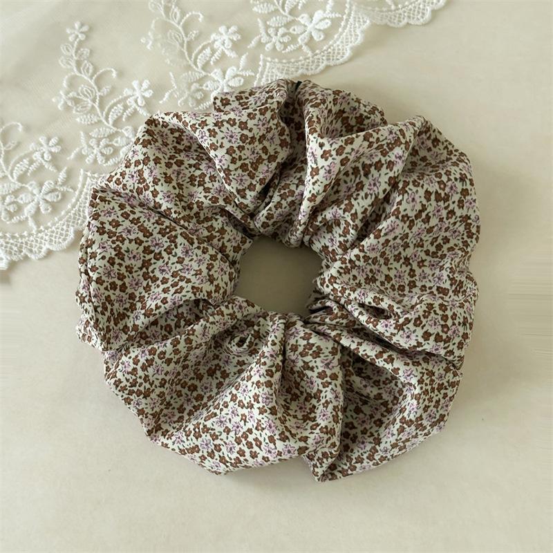 French Vintage Floral Print Hair Scrunchies Oversized Ruched Ponytail Holder Pastoral Style Elastic Hair Ties For Thick Hair