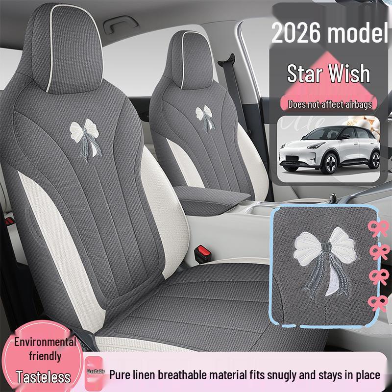 Jixingyuan Cartoon Cute Car Seat Cover - Five-Seater, Breathable Cotton Linen, All-Season Full Coverage Mat.