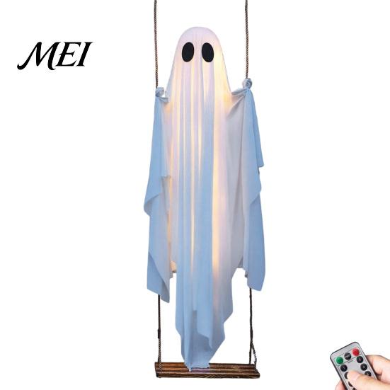 Porch Spooky Atmosphere Hanging Swinging Ghost Halloween Decoration, LED Light Up Large Outdoor Decorations with Remote Control for Outside
