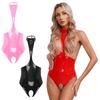 Women Wet Look Leather Halter Open Front Crotchless Lingerie Bodysuit Clubwear Nightwear