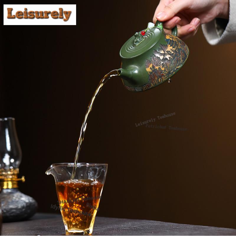 230 мл Антикварные фиолетовые глиняные чайники из Исина Ручная работа Горшечный пейзаж Сырая руда Зеленая глина Чайник для заваривания чая Набор чайной посуды Zisha Чайные сервизы