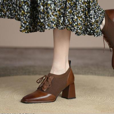 2024 Новая мода весна и осень квадратная головка сращивания шнуровка универсальные женские туфли на высоком каблуке носить кожаные туфли на открытом воздухе