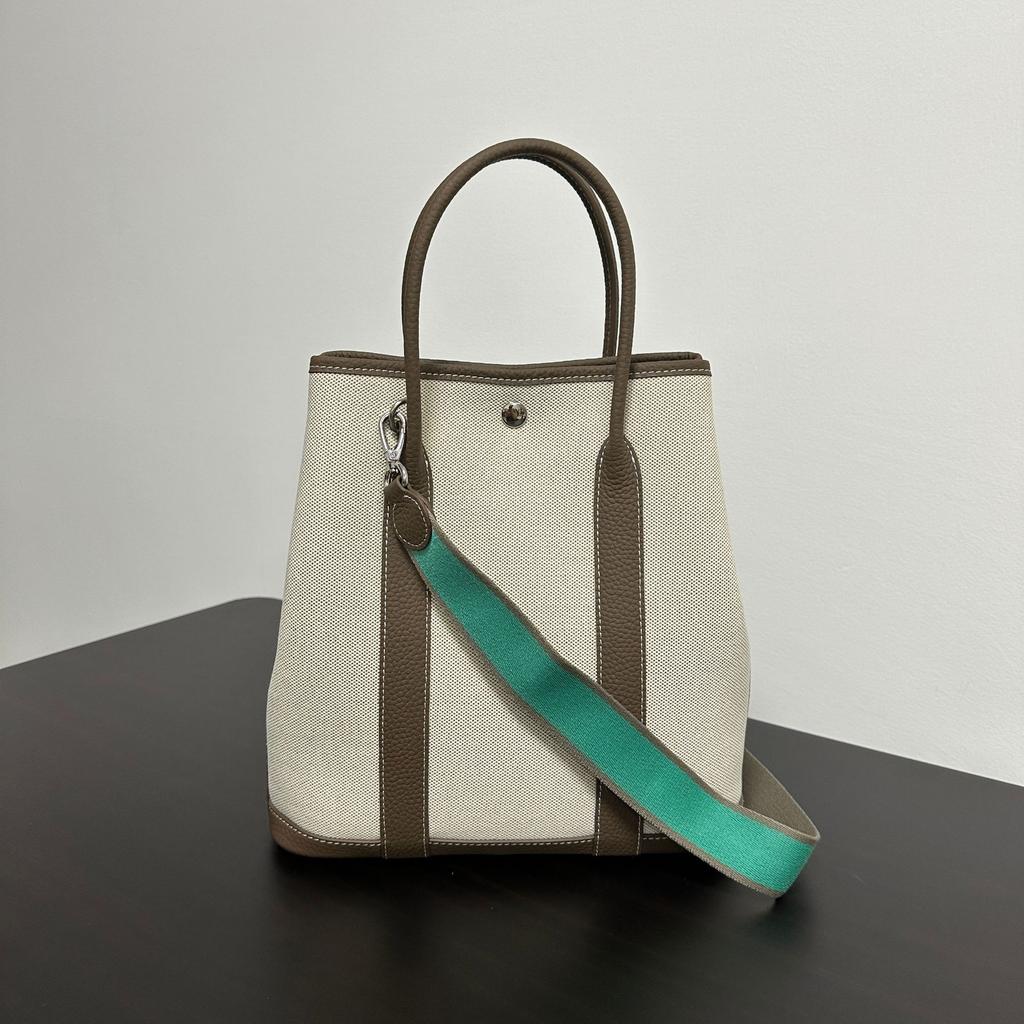 Vertical Canvas with First-layer Cowhide Garden Bag 36 Handbag Fashionable and Casual Lightweight Tote Bag Large-capacity Women's Bag