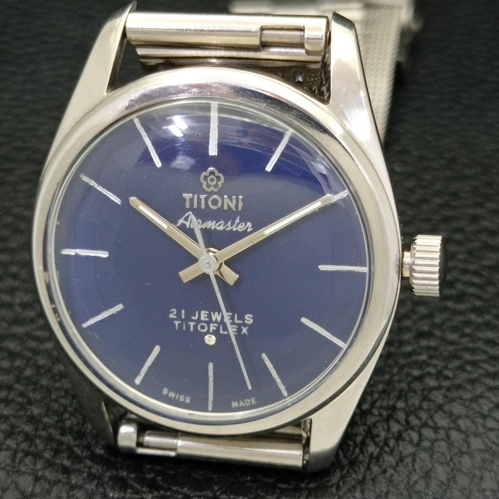 ВИНТАЖНЫЕ ЧАСЫ TITONI AIRMASTER С РУЧНЫМ ЗАВОДОМ TITOFLEX ШВЕЙЦАРСКИЕ МУЖСКИЕ СИНИЕ ЧАСЫ a436444-2
