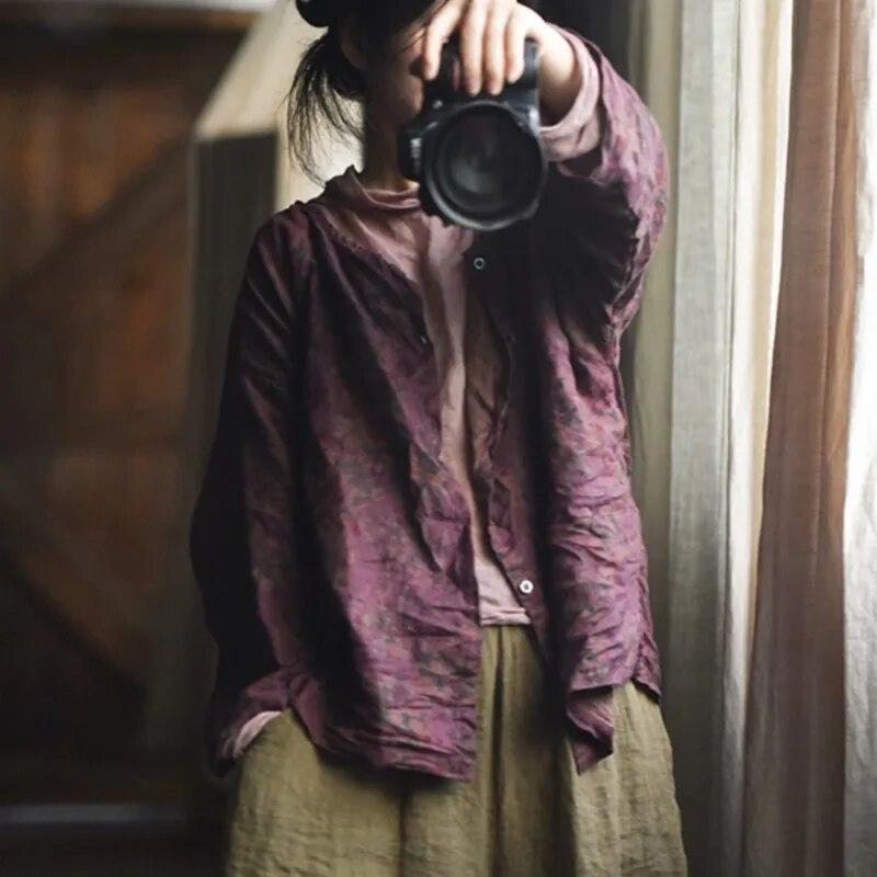 Johnature Женские льняные рубашки с цветочным принтом, топы на пуговицах, блузки высокого качества, свободные винтажные женские рубашки