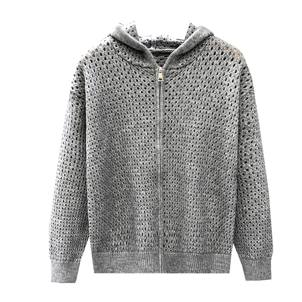 Кардиган с капюшоном с вырезами, Вязаный свитер, Мужской, Весенне-осенняя куртка для пары, Перфорированный дизайн, Верхняя одежда, Осенне-зимняя куртка