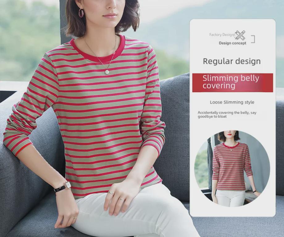 Женская осенняя хлопковая футболка с длинным рукавом – большой размер, свободный крой, модная нижняя рубашка для людей среднего и пожилого возраста