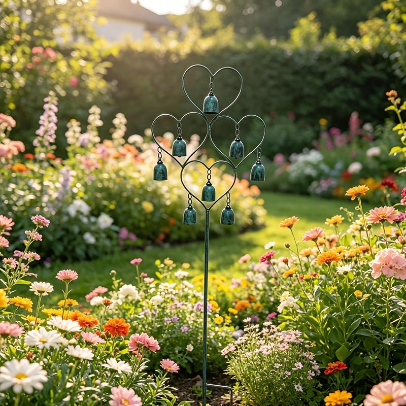 1Pc Vintage Distressed Green Heart-Shaped Iron Wind Chime Stake Outdoor Garden Lawn Decorative Ornament Courtyard Patio Flower Arrangement Bell Stake