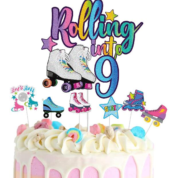 7Pcs Rolling into 10 Theme Cake Toppers Sets Roller Skate Happy 10th Birthday Themed Set Cake Decoration Girls Club Rolling 10 Years Old Supplies