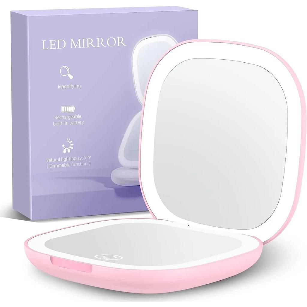 Компактное зеркало с подсветкой, дорожное зеркало для макияжа с 1X/5X увеличением, двухстороннее, 3 цвета, регулируемая яркость, портативное карманное зеркало для сумочки