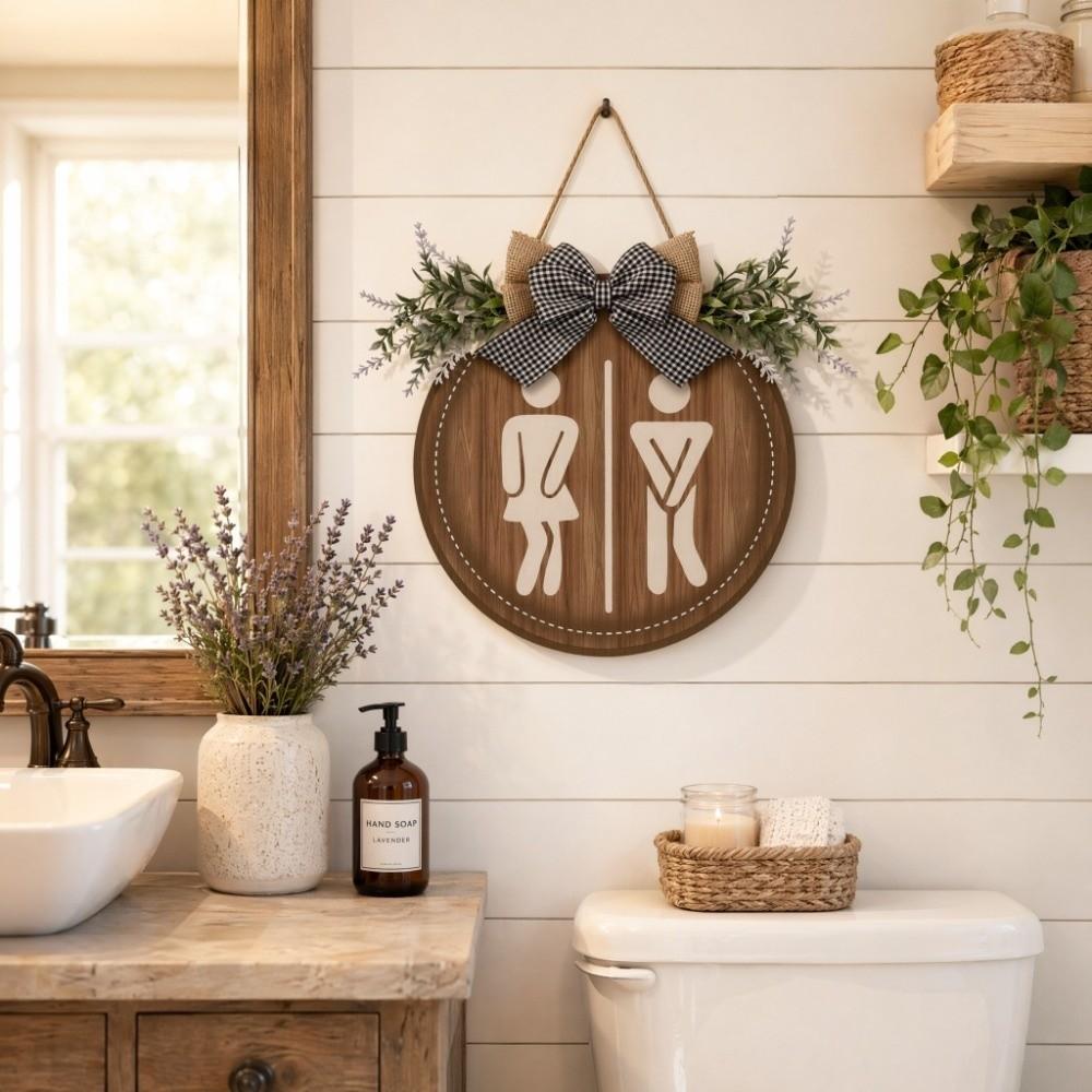 Wooden Bathroom Sign Plate Ornament Circle Decorative Plaque Toilet Decorative Plate Home Decor