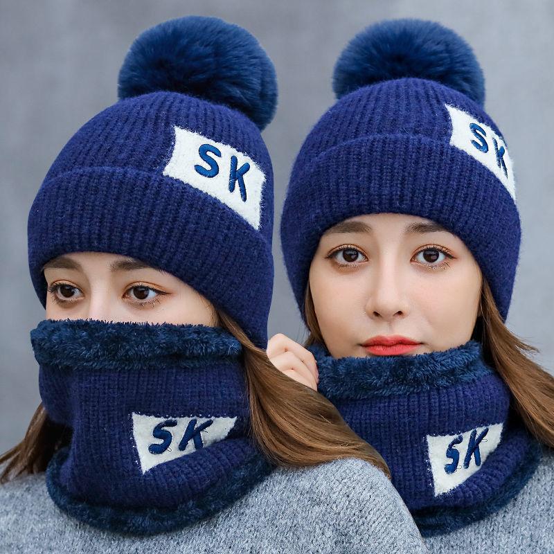 Winter Knitted Scarf Hat Set Thick Warm Skullies Beanies Hats for Women Solid Outdoor Snow Riding Ski Bonnet Caps Girl