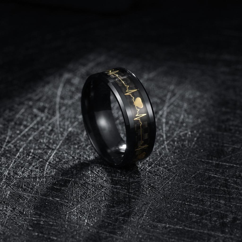 Valentine's Day Jewelry 8mm Inlaid Carbon Fiber Ring Couple ECG Heartbeat Titanium Steel Ring