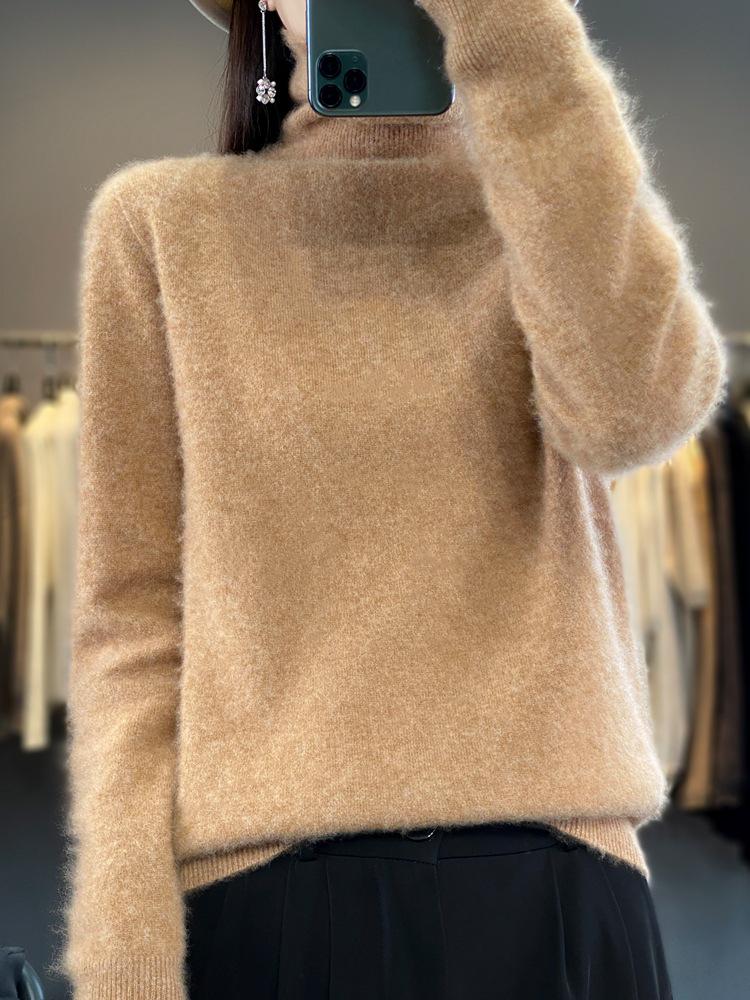Women's Pure Wool High Neck Loose Pullover Sweater - Solid Color, Slimming, Long Sleeve - Autumn/Winter Collection