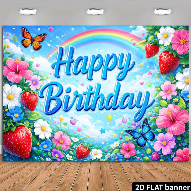 2D Strawberry & Floral Birthday Backdrop Bright Blue Sky Rainbow Party Background