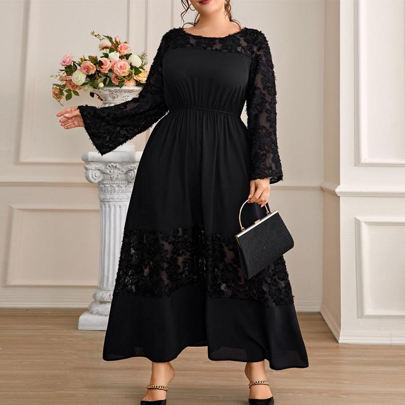 Women's Plus Size Slim Temperament Sexy Lace Dress French See Through Midi Dress
