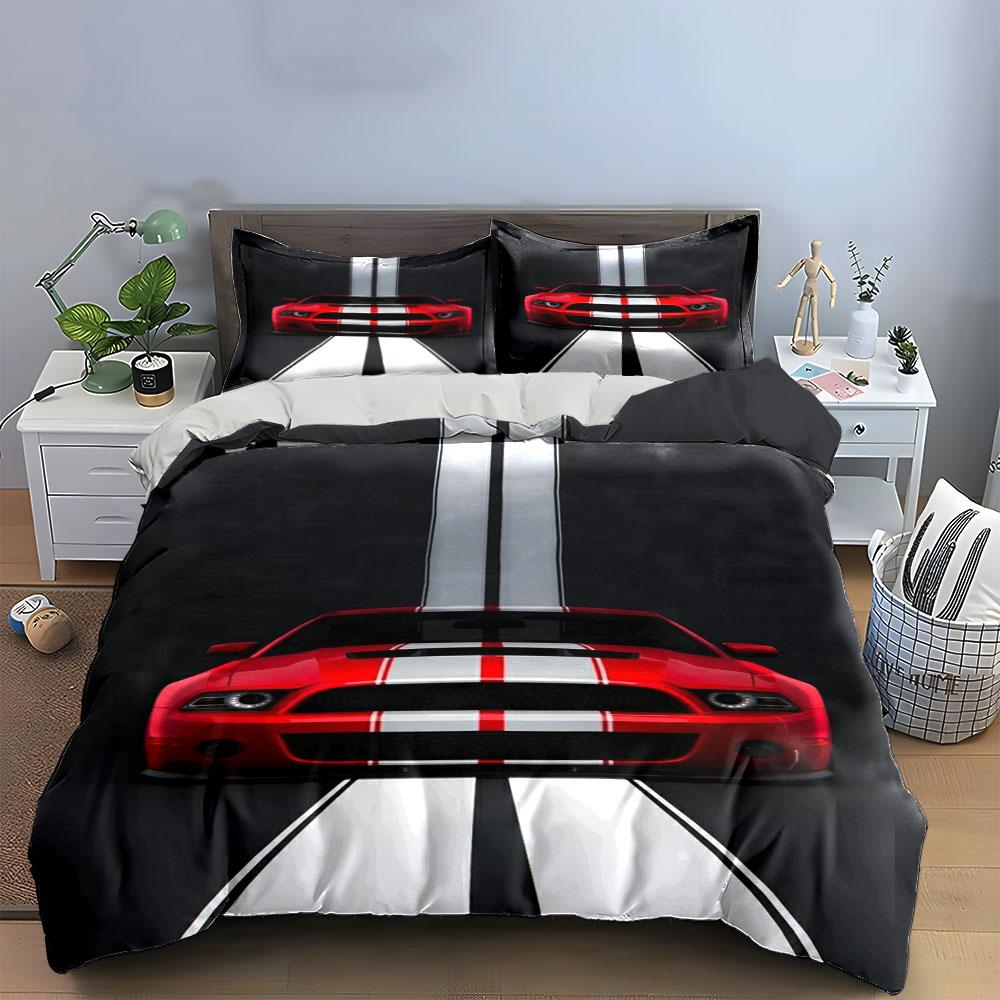 Red car, white stripes. Bedding sets Duvet cover sets Duvet covers Pillowcases(1* Duvet Cover 2* Pillowcases without duvet insert)