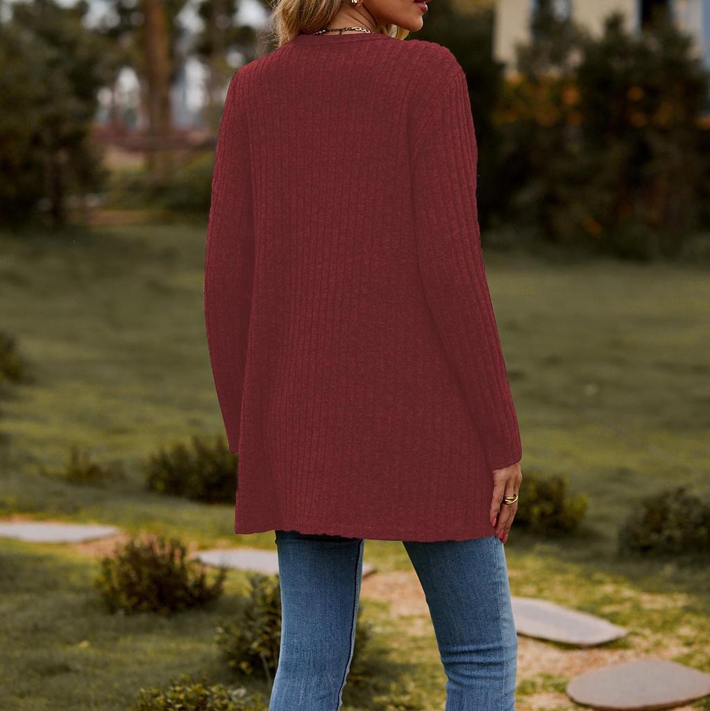 Women's  Solid Color Brushed Striped Cardigan with Buttoned Jacket Design